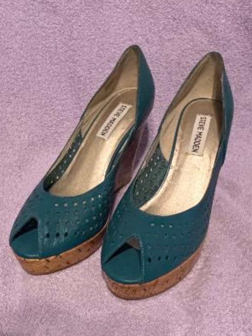 Steve Madden Visible Platform Open Toe Wedge Heels Perforated Turquois Leather 7